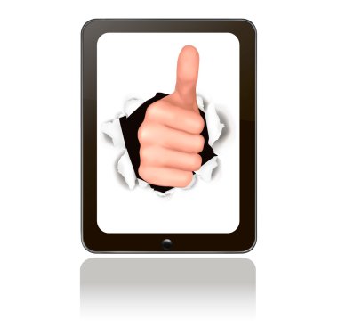 Hand with thumb up breaking through monitor. Conceptual illustration of suc clipart