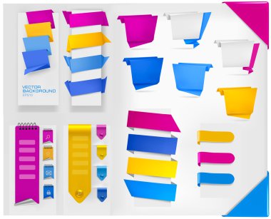 Big collection of colorful origami paper banners and stickers. Vector illus