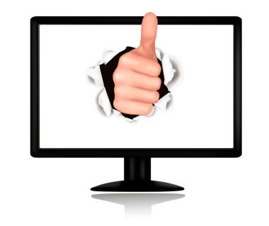 Hand with thumb up breaking through monitor. Conceptual illustration of suc clipart