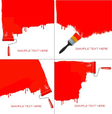 Red roller painting the white wall. Vector.