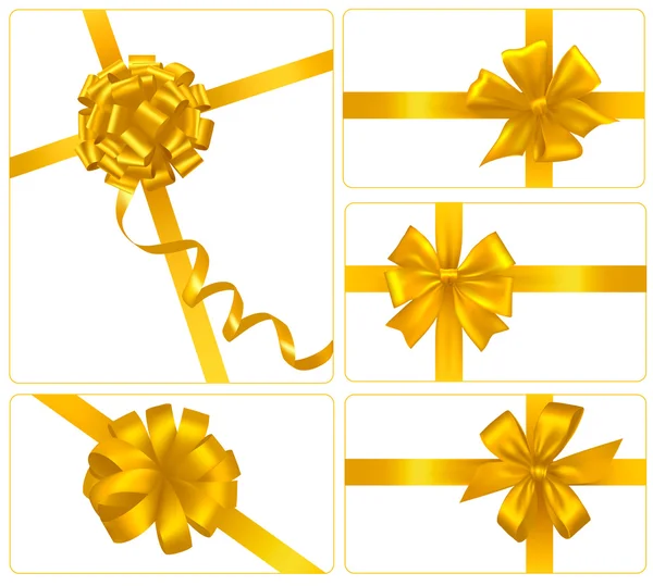 Set di fiocchi regalo in oro con nastri. Vettore . — Vettoriale Stock
