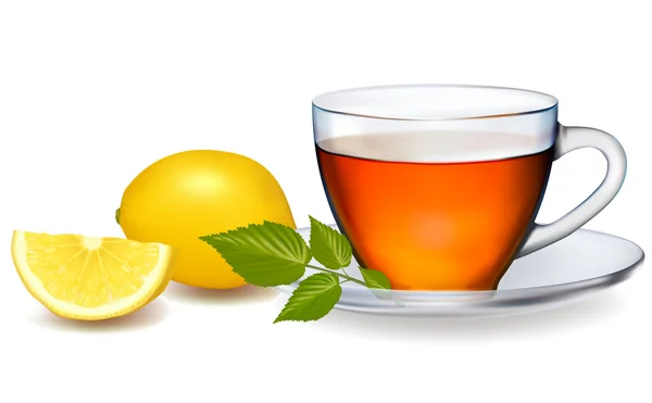 Taza de té con hojas con limón. Ilustración vectorial . — Archivo Imágenes Vectoriales