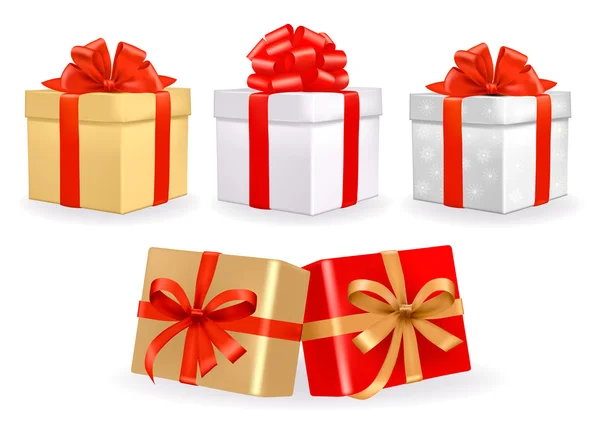 Set di scatole regalo vettoriali colorate con fiocchi e nastri. — Vettoriale Stock