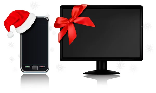 Vánoční mobilní telefon s santa klobouk dárek a monitor s mašlí. vektor. — Stockový vektor