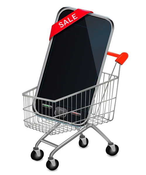 Moderní dotykový mobilní telefon s nápis-na prodej. v nákupním košíku. vektor. — Stockový vektor