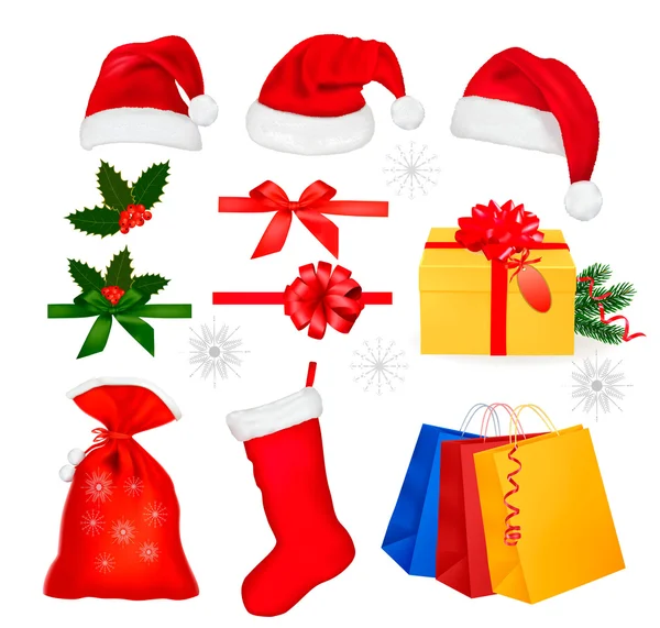 Collection of red santa hats with and Christmas holly and ribbons. Vector. — Stock Vector