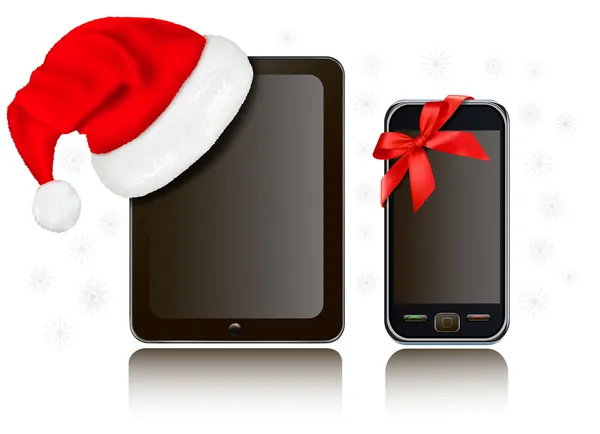 サンタ帽子やリボン付き携帯電話とタブレット コンピューターをクリスマス. — ストックベクタ