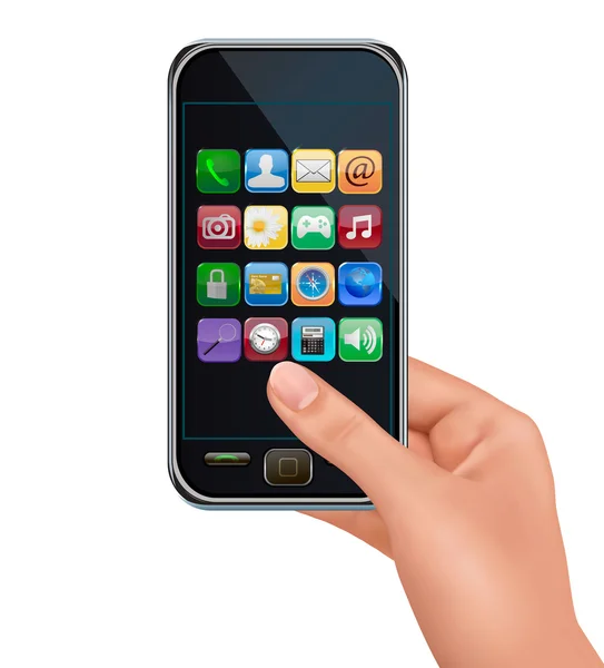 Ένα χέρι που κρατά την οθόνη αφής κινητό τηλέφωνο με εικονίδια. — Διανυσματικό Αρχείο