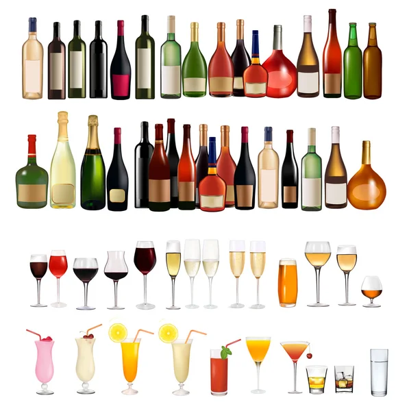 Conjunto de diferentes bebidas e garrafas na parede. Ilustração vetorial — Vetor de Stock
