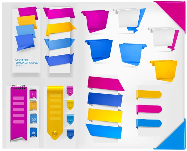 Gran colección de coloridos pancartas de papel en origami y pegatinas. Vector illus — Vector de stock