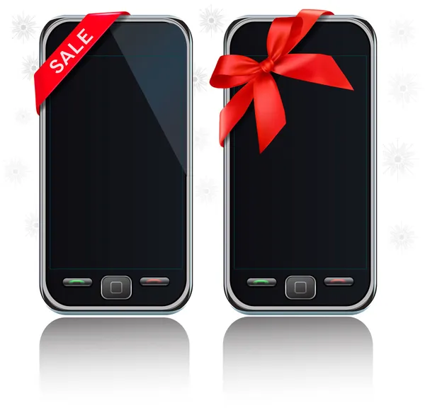 Due moderni telefoni cellulari touch-screen con nastro e cartello di vendita . — Vettoriale Stock