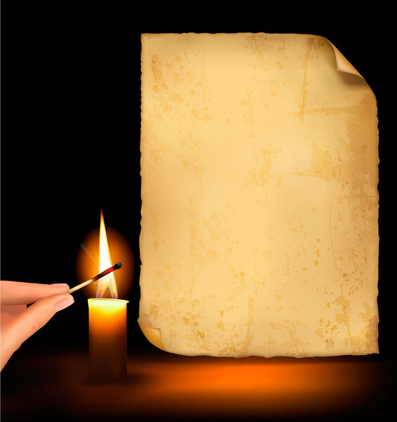 Background with old paper and hand holding a burning match and candle.