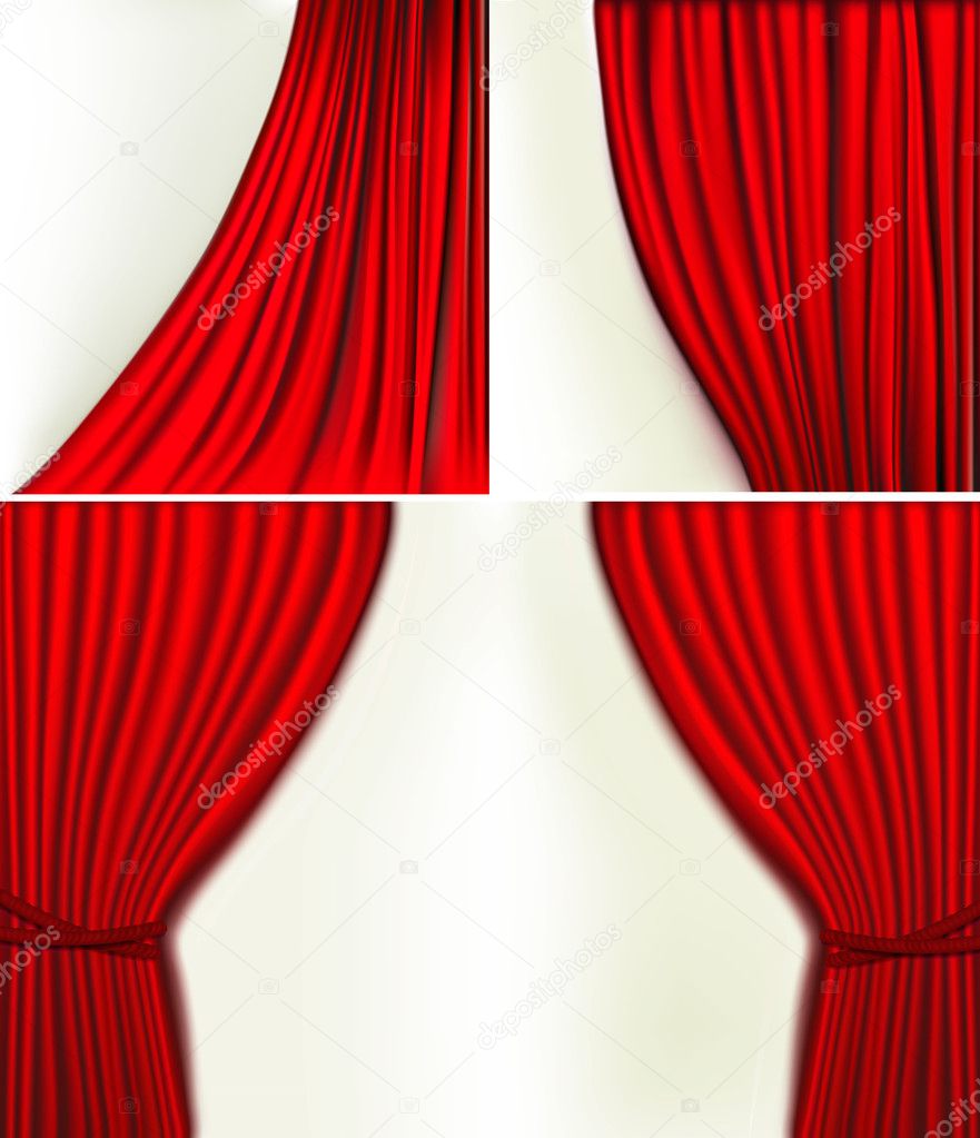 Set of backgrounds with red velvet curtain. Vector illustration.