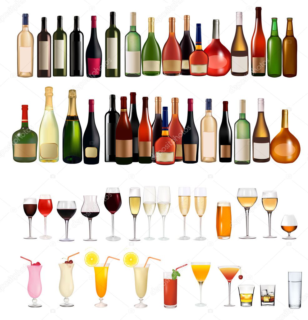 Set of different drinks and bottles on the wall. Vector illustration
