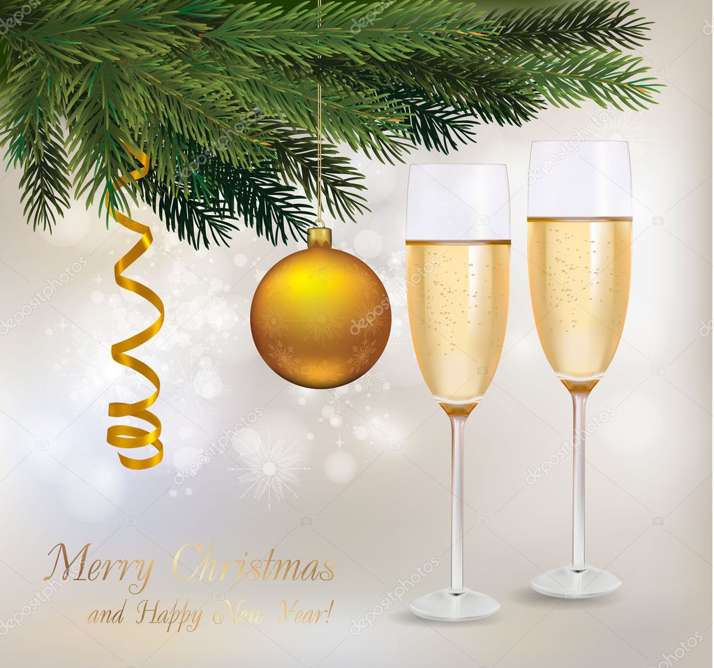 Illustration. Two glasses of champagne and a two balls and tree.