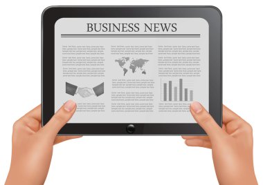 Hands holding digital tablet pc with business news. Vector illustration clipart