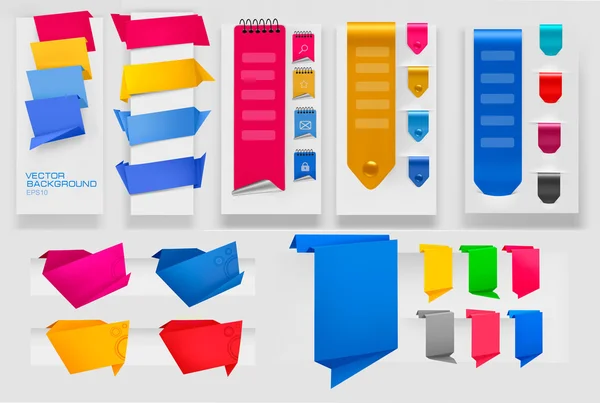 Μεγάλη συλλογή από πολύχρωμο origami χαρτί πανό και αυτοκόλλητα. διάνυσμα εικονογράφο — Διανυσματικό Αρχείο