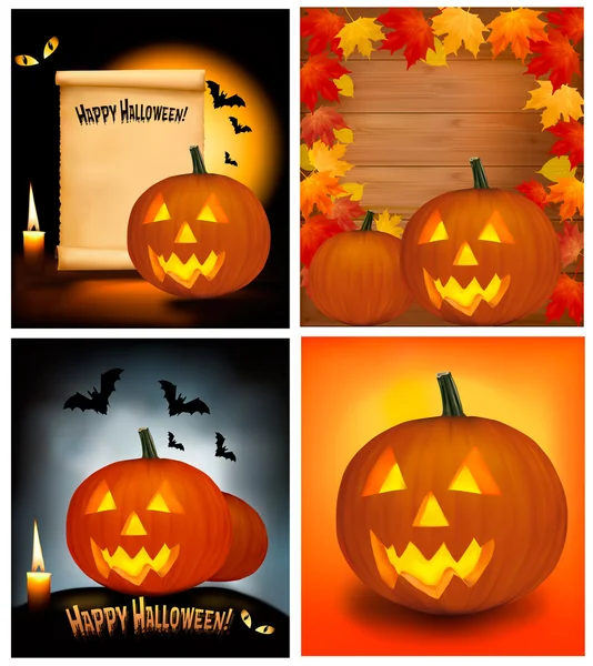 Sada halloween pozadí s strašidelné dýně, netopýry, kočičí oči a candl — Stockový vektor