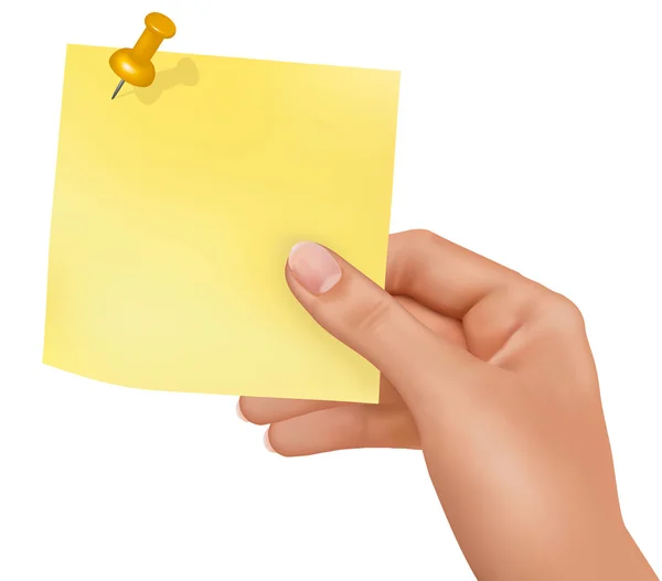 Ruka držící žlutém štítku s vaší zprávou. vektor — Stockový vektor