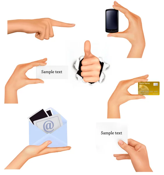 Ensemble de mains tenant différents objets d'affaires. Illustration vectorielle — Image vectorielle
