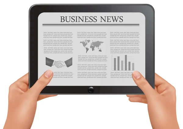 Mãos segurando tablet pc digital com notícias de negócios. Ilustração vetorial —  Vetores de Stock