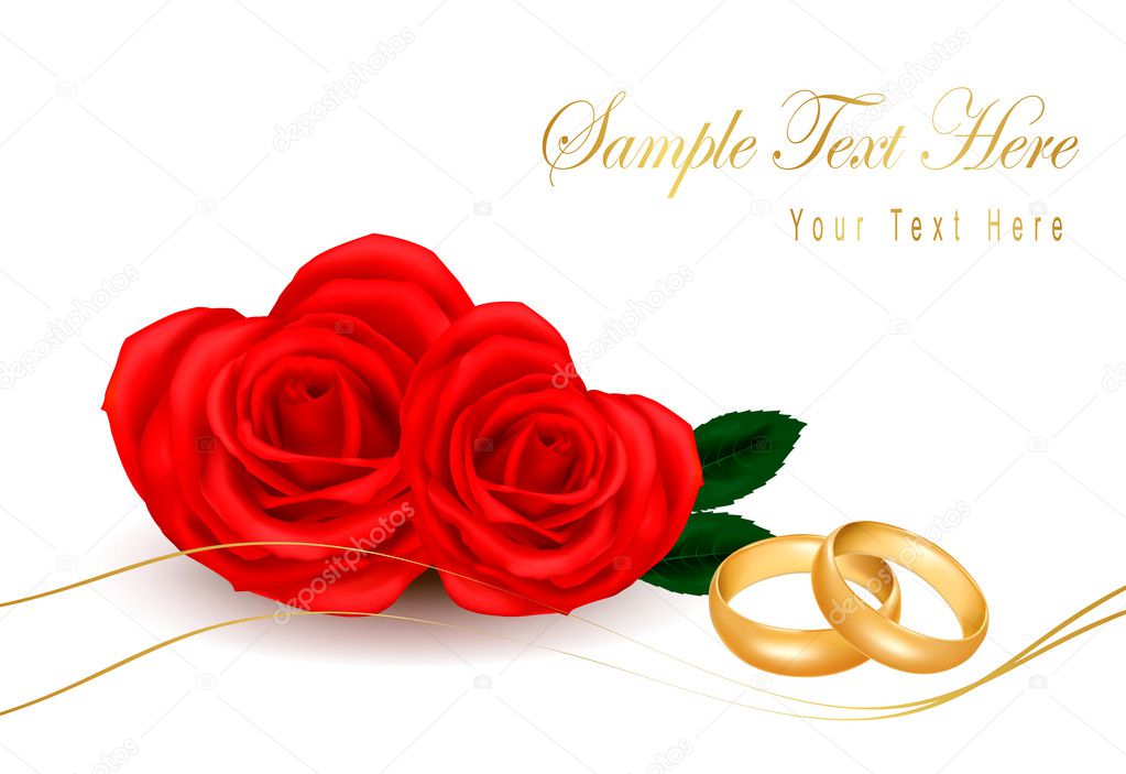 Wedding rings and roses bouquet. Vector illustration.