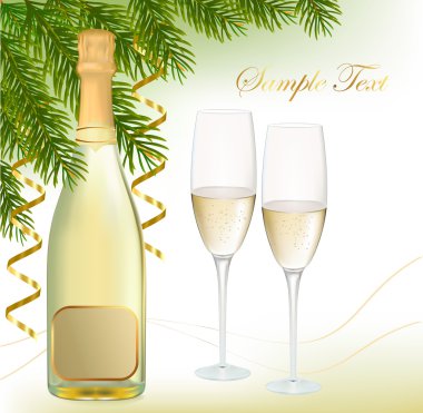 Vector illustration. Two glasses of champagne and bottle. clipart