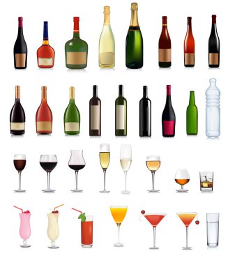 Set of different drinks and bottles. Vector illustration.