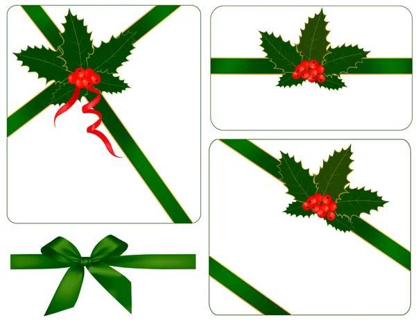 Verzameling rood en groen bogen met linten en holly. vector. — Stockvector