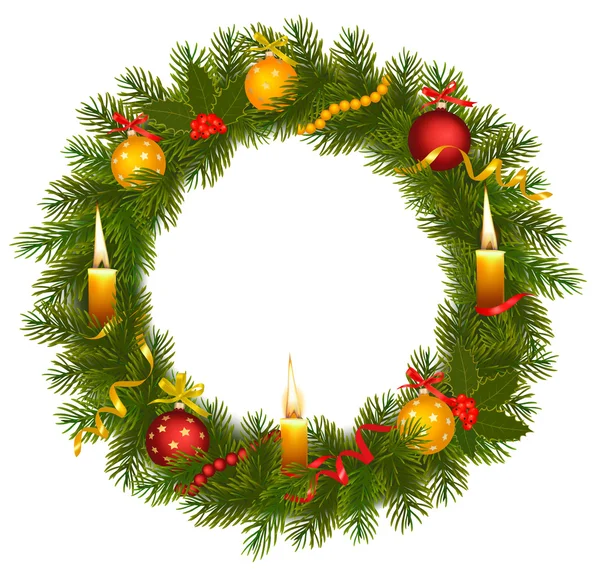 Corona de Navidad con árbol de Navidad y vela. Ilustración vectorial . — Vector de stock