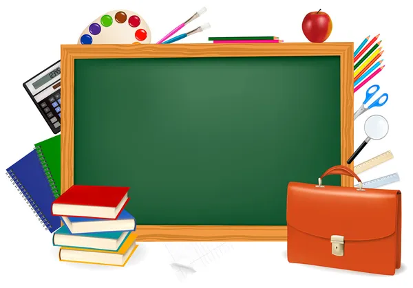 Okula dönüş. okul malzemeleri ile yeşil Masası. vektör. — Stok Vektör