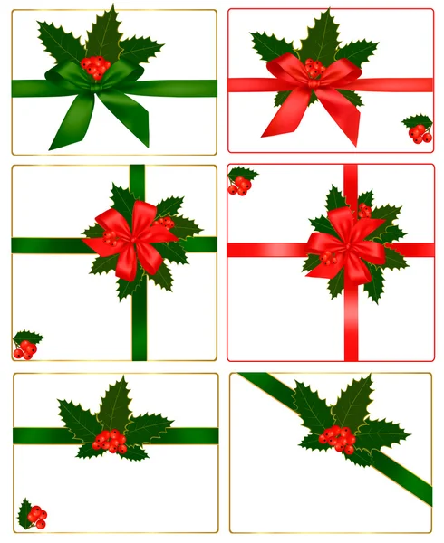 Collection of red and green bows with ribbons and holly. Vector. — Stock Vector