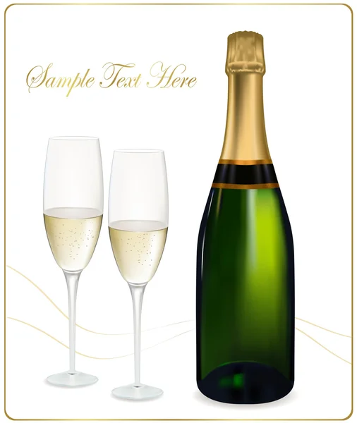 Ilustración vectorial. Dos copas de champán y botella . — Vector de stock