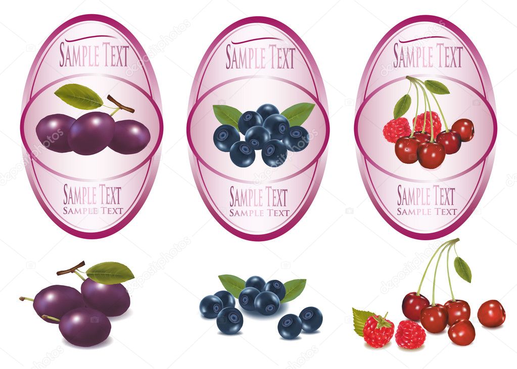 Three pink labels with different sorts of fruit. Vector.