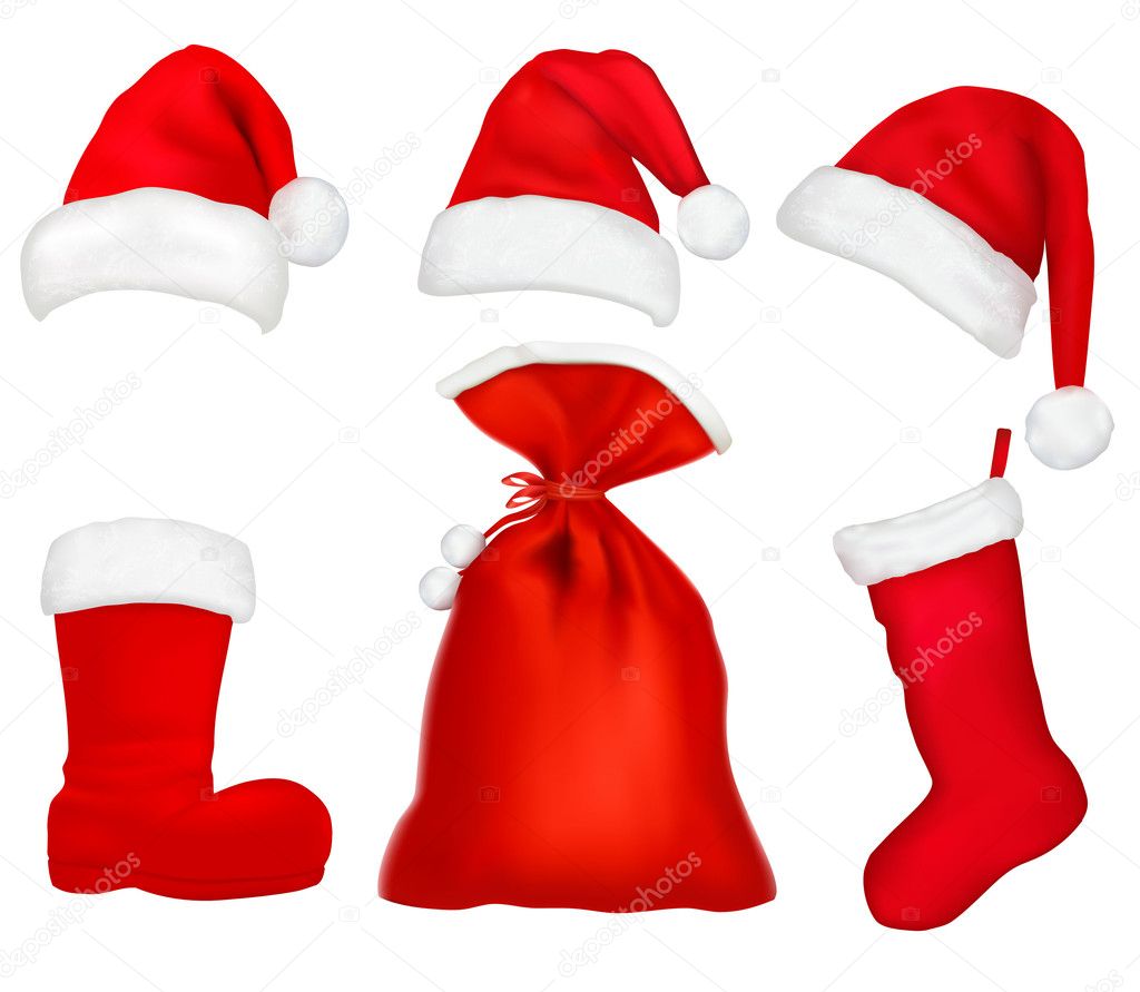 Three red santa hats. Christmas stocking and boot and bag.