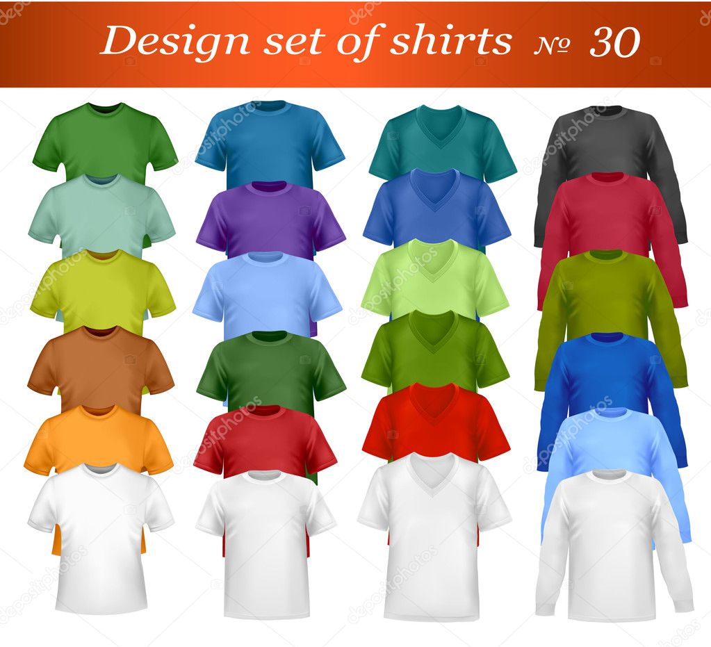 Color and white men polo shirts and t-shirts. Photo-realistic vector illustration