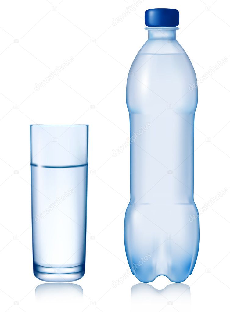 Bottle of water with glass. Vector illustration.
