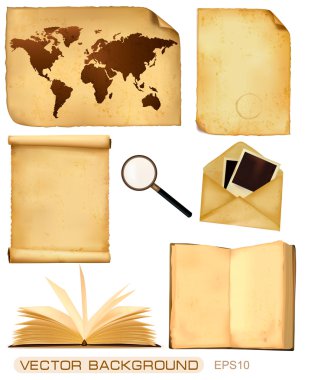 Set of old paper sheets and old map. Vector clipart