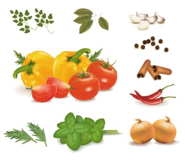 Set with spices and vegetables. Vector illustration. clipart