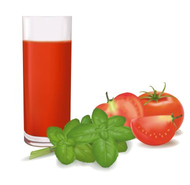 bir bardak domates suyu, bazı domates ve fesleğen. vektör
