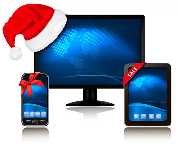 Boże Narodzenie monitora z santa hat i tabletki obliczeń i telefon komórkowy z r — Wektor stockowy