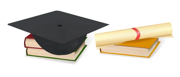 Mütze und Diplom liegen auf Bücherstapeln. Vektor. — Stockvektor