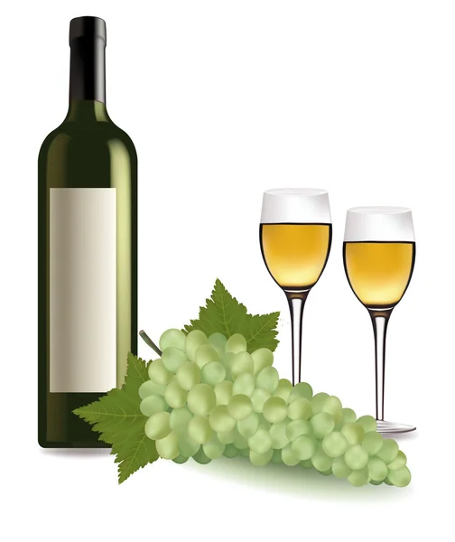 와인 병과 와인 및 일부 포도의 유리. 벡터. — 스톡 벡터