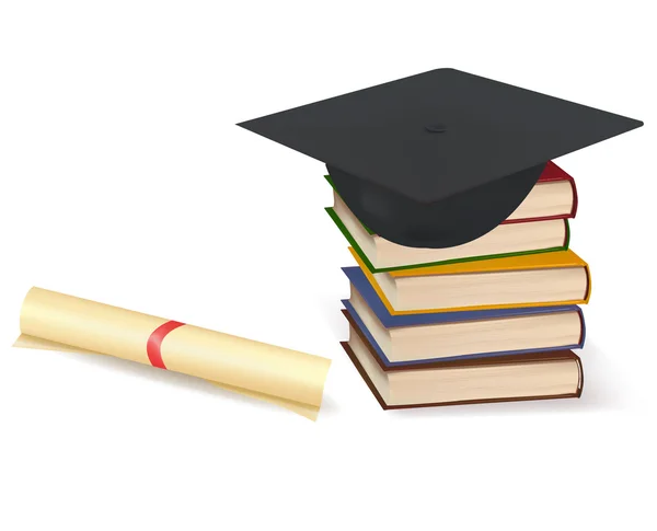 Mütze und Diplom liegen auf Bücherstapeln. Vektor. — Stockvektor
