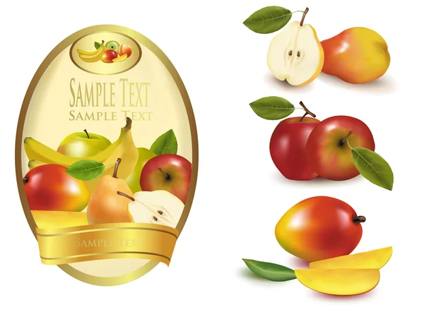 Tre etichette con diversi tipi di frutta. Vettore . — Vettoriale Stock