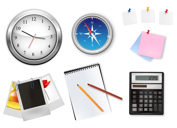 Een klok, calculator en sommige kantoorbenodigdheden. vector. — Stockvector