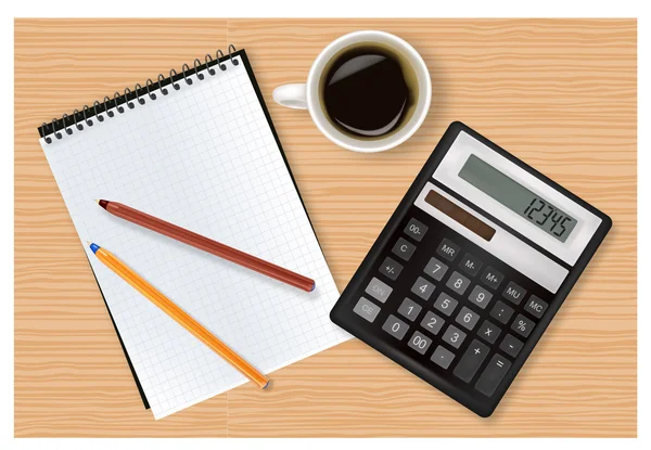 Calculator and office supplies laying on the brown board. Vector. — Stock Vector