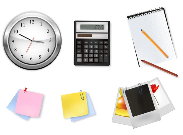Une horloge, une calculatrice et des fournitures de bureau. Vecteur . — Image vectorielle
