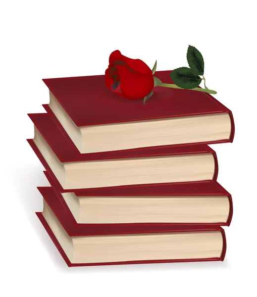 Libri e rosa rossa su sfondo bianco. Illustrazione vettoriale foto-realistica — Vettoriale Stock