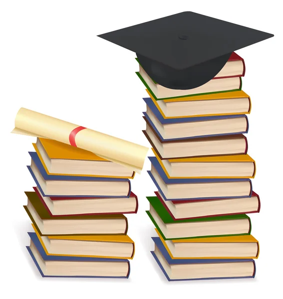 Berretto di laurea e diploma che posa su pile di libri. Vettore . — Vettoriale Stock